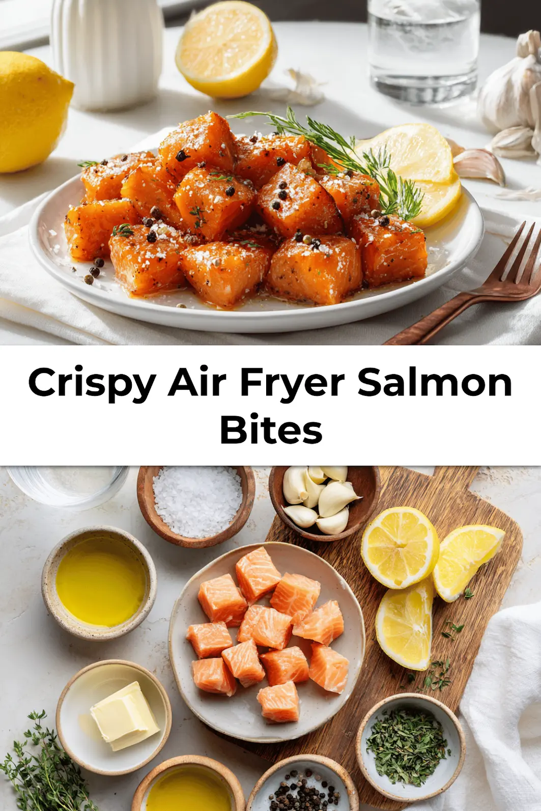 Crispy Air Fryer Salmon Bites: Easy Irresistible Recipe 3 Crispy Air Fryer Salmon Bites served on a white platter with lemon wedges and fresh herbs for garnish