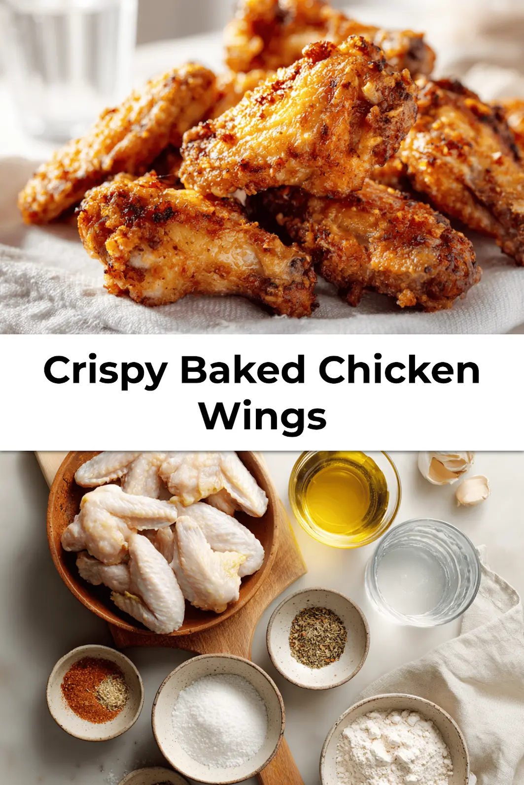 Crispy Baked Chicken Wings: Simple Delicious Recipe 3 Crispy Baked Chicken Wings served for Pinterest pin on rustic table with white napkin and dipping sauce