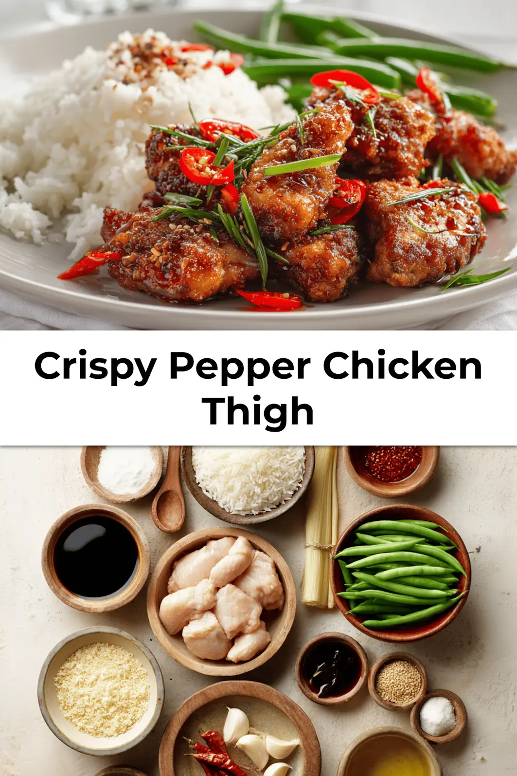 Finished crispy pepper chicken thigh plated with rice, hoisin glaze, green vegetables, and sesame seed garnish