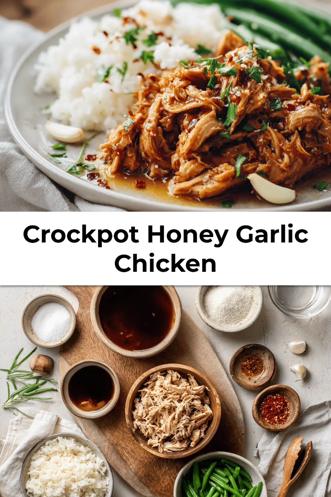 Serving of Crockpot Honey Garlic Chicken over jasmine rice with glazed garlic sauce and steamed green beans