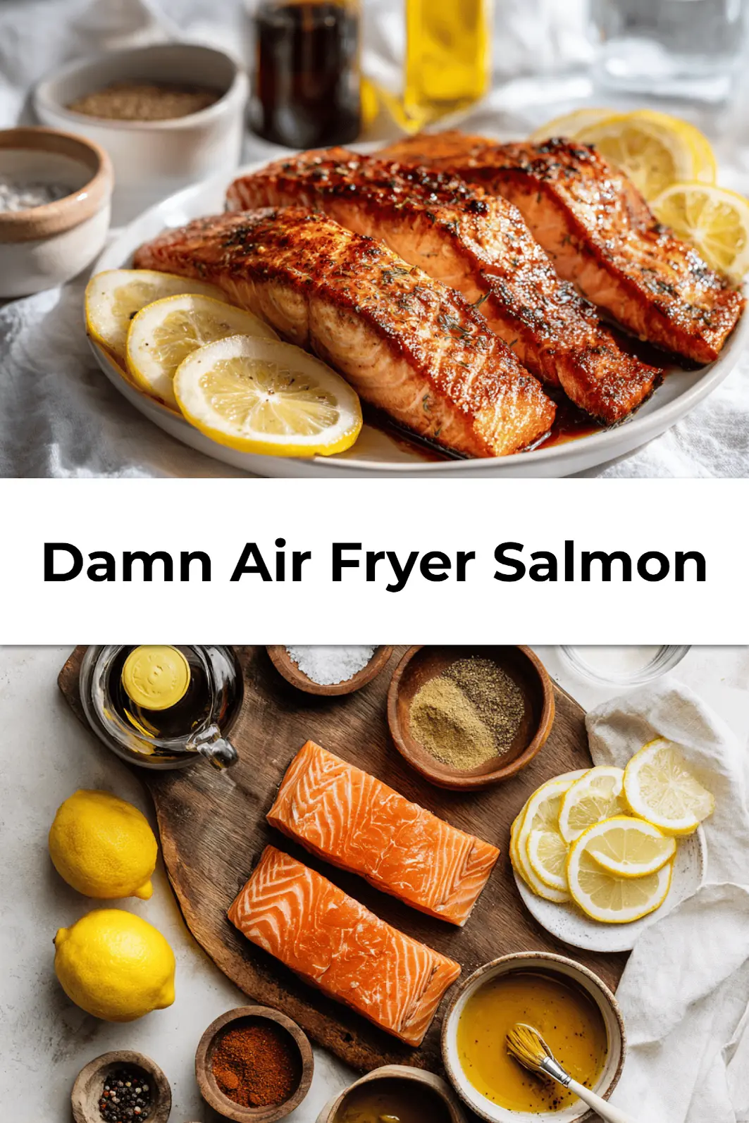 Finished Damn Air Fryer Salmon plated with lemon wedges and glaze for sharing