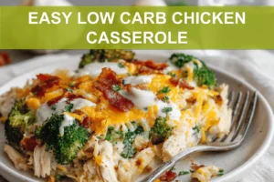 EASY LOW CARB CHICKEN CASSEROLE golden baked casserole with bacon broccoli and melted cheese hero image