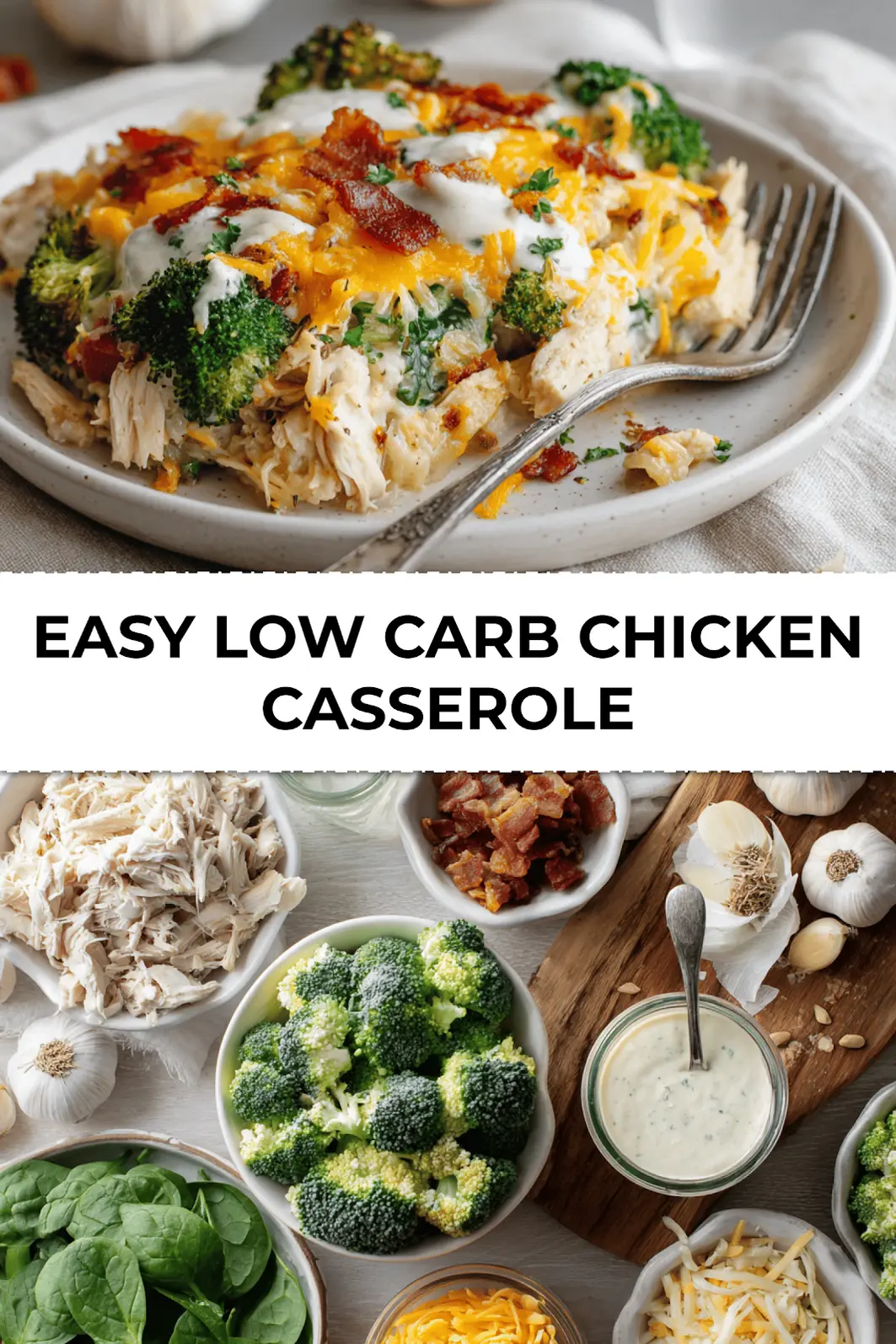 Baked casserole loaded with chicken, cheese, bacon, and broccoli recipe pin for low carb comfort food meal