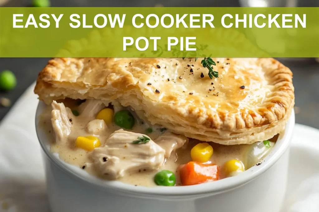 EASY SLOW COOKER CHICKEN POT PIE hero with golden biscuits creamy filling and shredded chicken