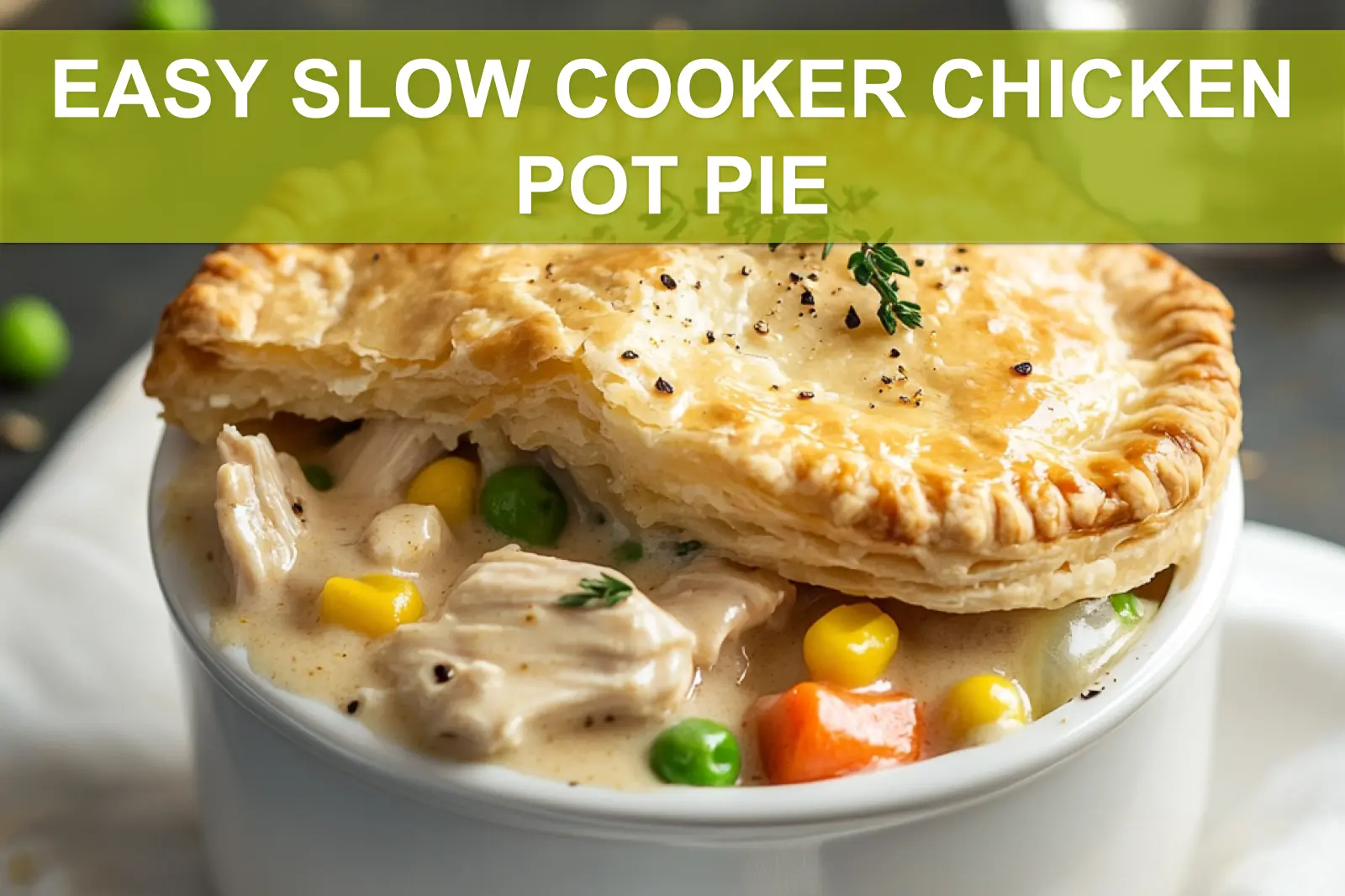EASY SLOW COOKER CHICKEN POT PIE hero with golden biscuits creamy filling and shredded chicken