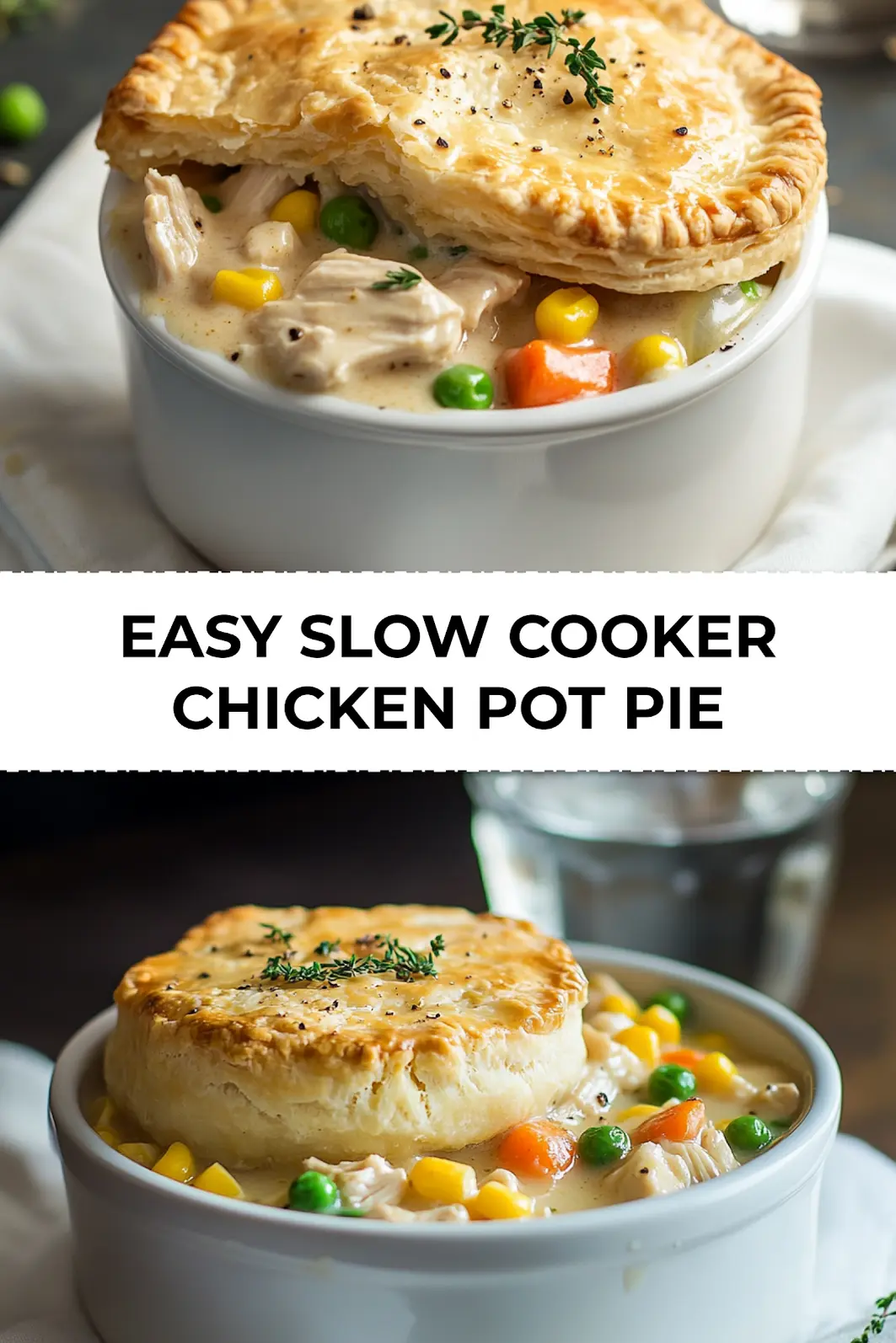 Slow Cooker Chicken Pot Pie served in bowls with flaky golden biscuits and hearty filling, perfect for Pinterest