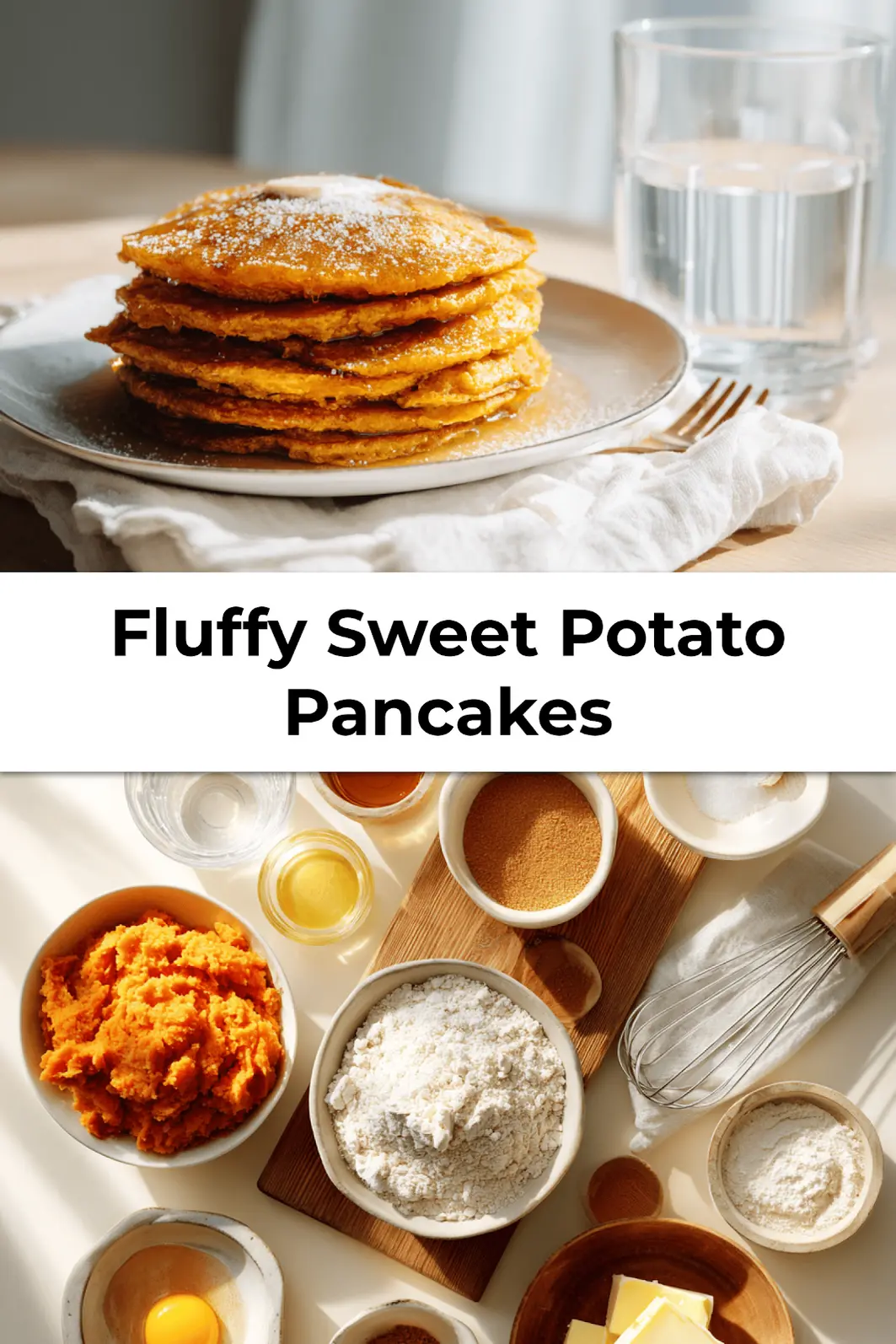 Golden fluffy sweet potato pancakes stacked with syrup drizzle and butter on white plate, perfect fall brunch