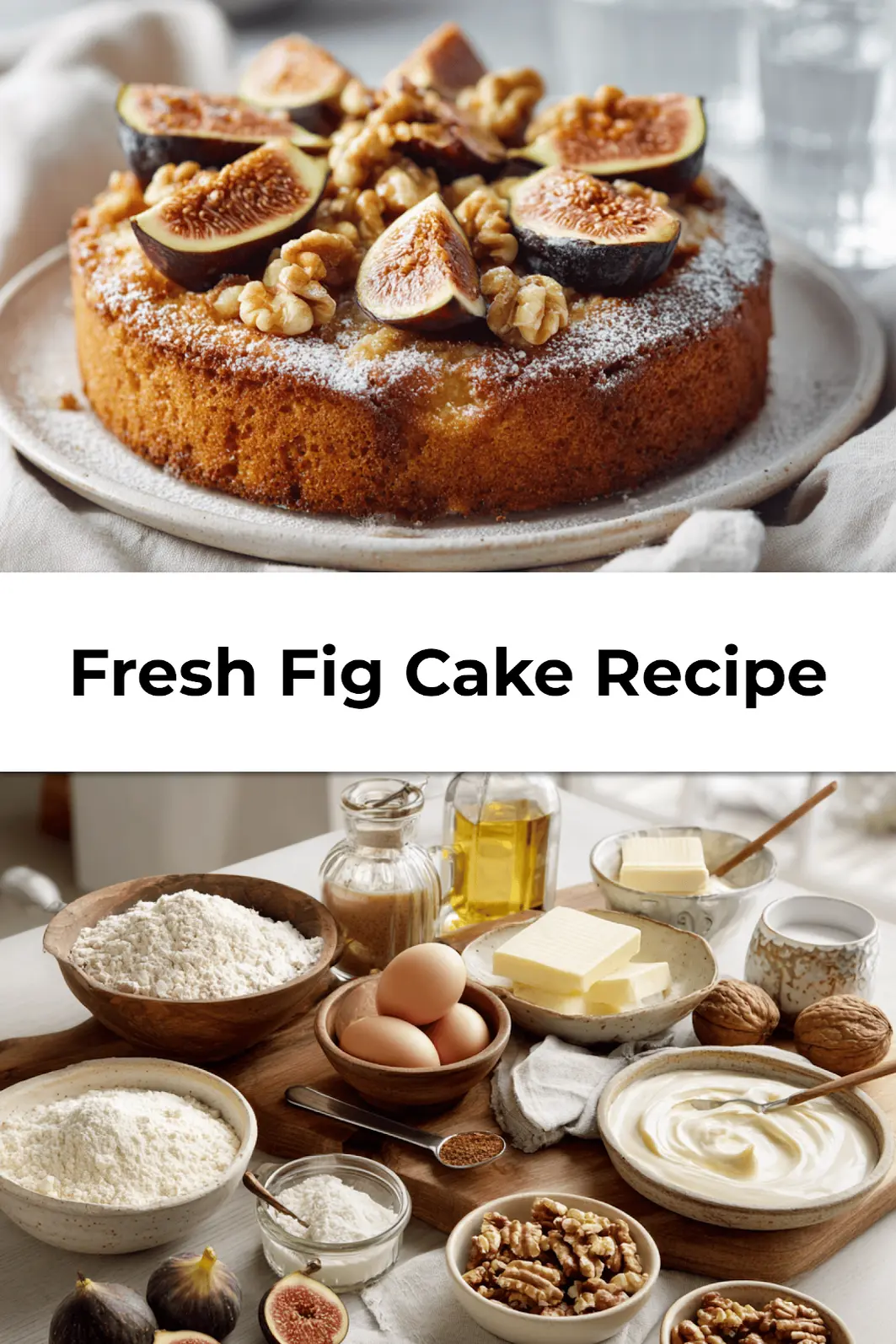 Overhead view of sliced fresh fig cake recipe with powdered sugar and figs on top - perfect for Pinterest