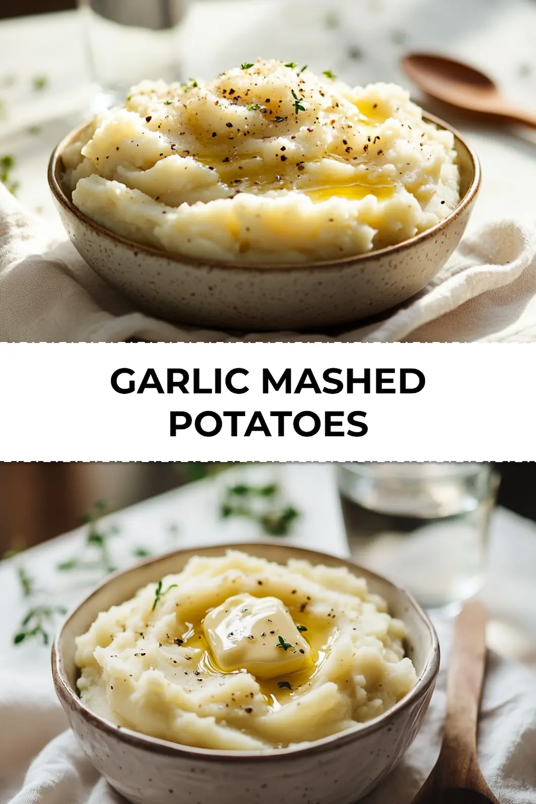 Garlic Mashed Potatoes styled serving with buttery garnish in bowl
