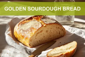 GOLDEN SOURDOUGH BREAD loaf on white cloth with a slice and clear glass of water