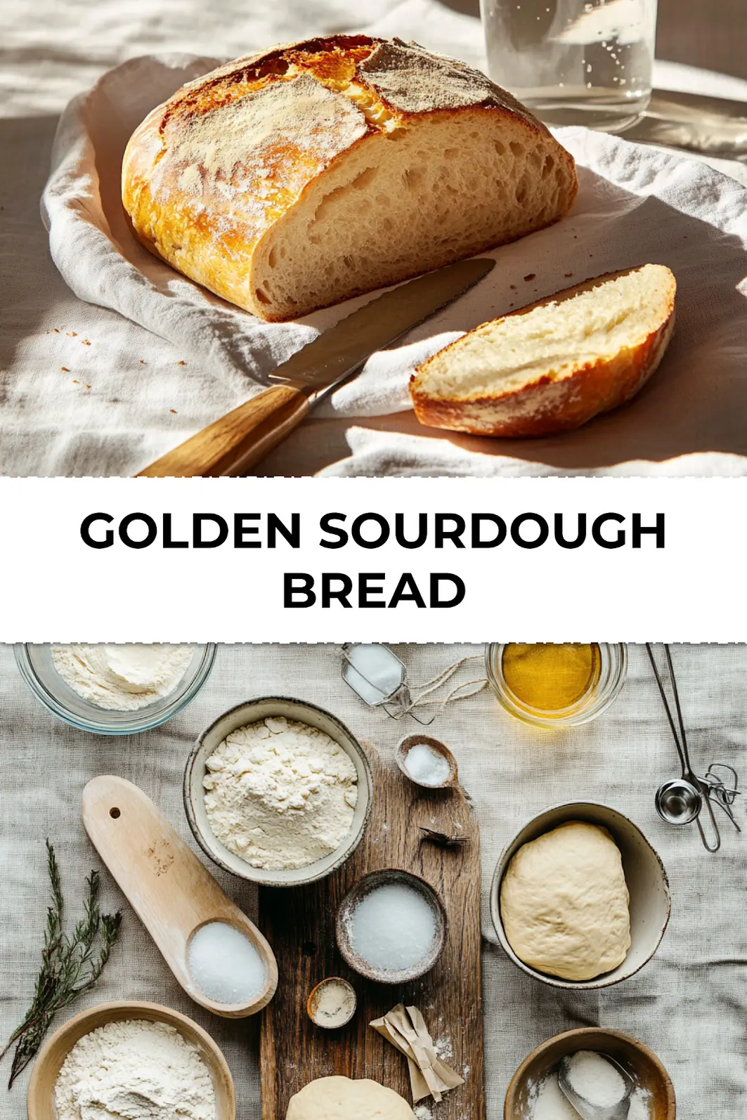 Golden sourdough bread loaf sliced on parchment paper with crumbs and steam rising_pin