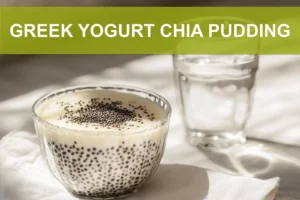 GREEK YOGURT CHIA PUDDING with mixed berries nuts and dark chocolate chips in a glass