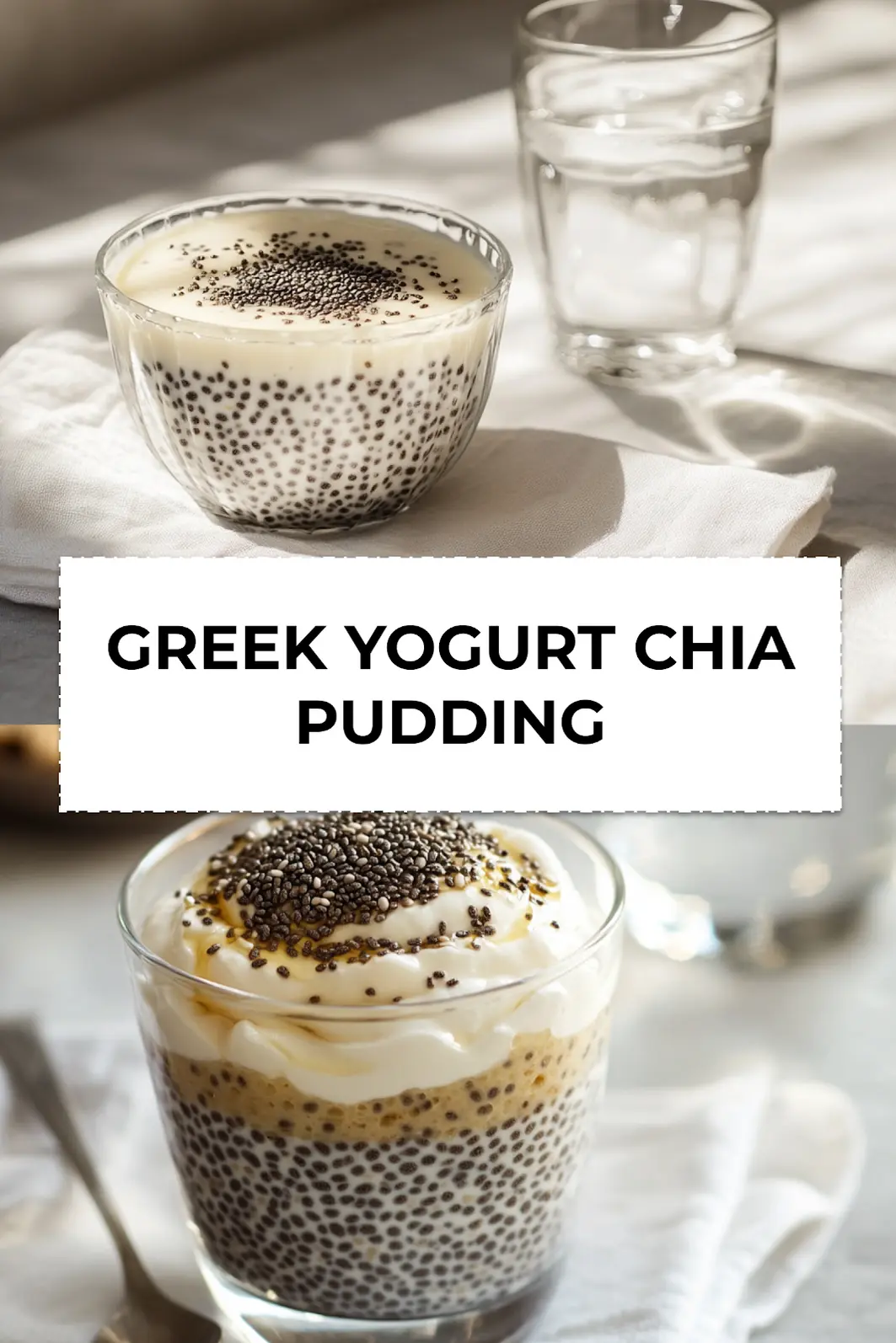 Greek yogurt chia pudding in a glass topped with berries, nuts, and dark chocolatepin-style presentation