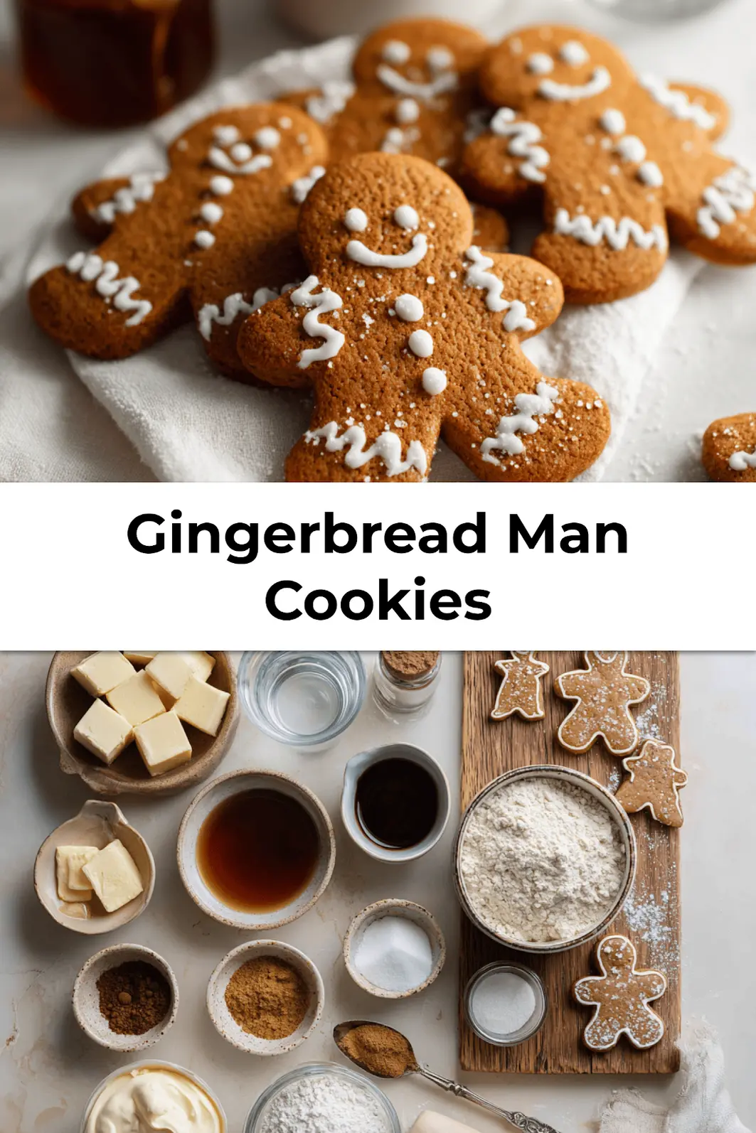 Close-up of gingerbread man cookies with icing on festive white cloth background for Pinterest holiday inspiration