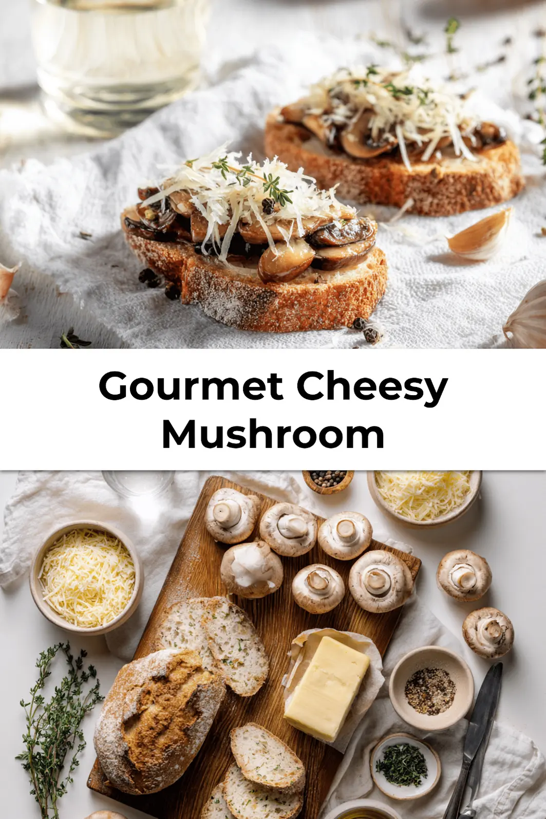 Cheesy mushroom crostini served on a tray with thyme and bubbling cheese