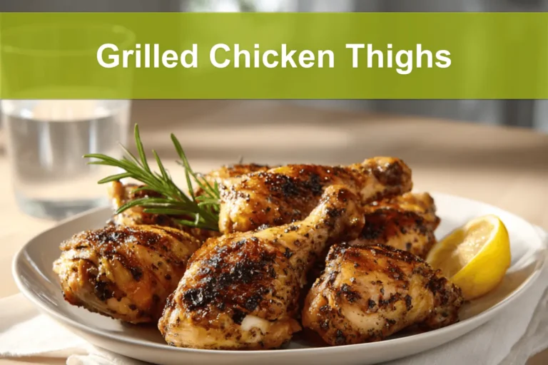 Grilled Chicken Thighs on white napkin with clear water glass warm natural light