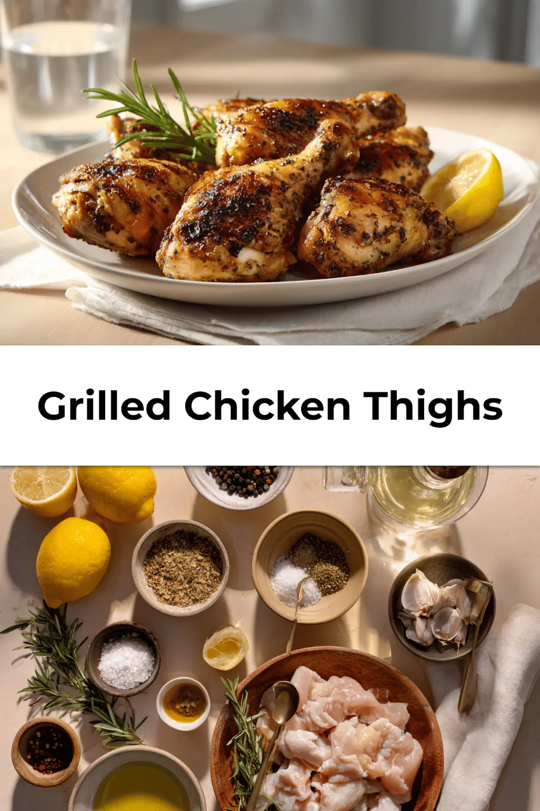 Crispy grilled chicken thighs styled for Pinterest on neutral background with lemon and herbs