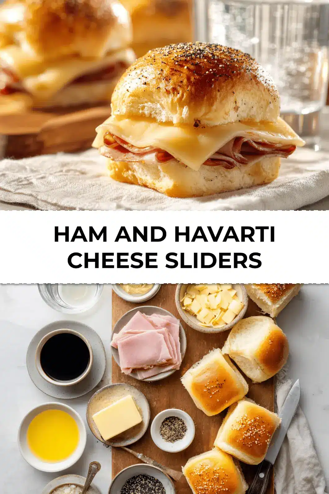 Freshly baked Ham and Havarti Cheese Sliders topped with poppy seed butter and cut into portions on a tray