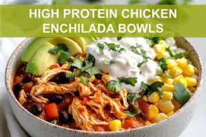 HIGH PROTEIN CHICKEN ENCHILADA BOWLS finished bowl with cottage cheese shredded chicken avocado melted cheese