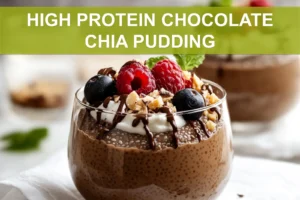 HIGH PROTEIN CHOCOLATE CHIA PUDDING in a jar topped with berries cacao nibs and coconut whip