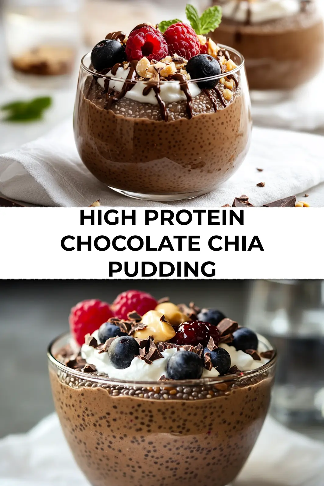 Chocolate chia pudding topped with fresh berries cacao nibs and coconut whip in mason jar