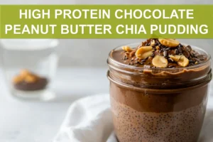 HIGH PROTEIN CHOCOLATE PEANUT BUTTER CHIA PUDDING creamy layered pudding in glass jar warm tones