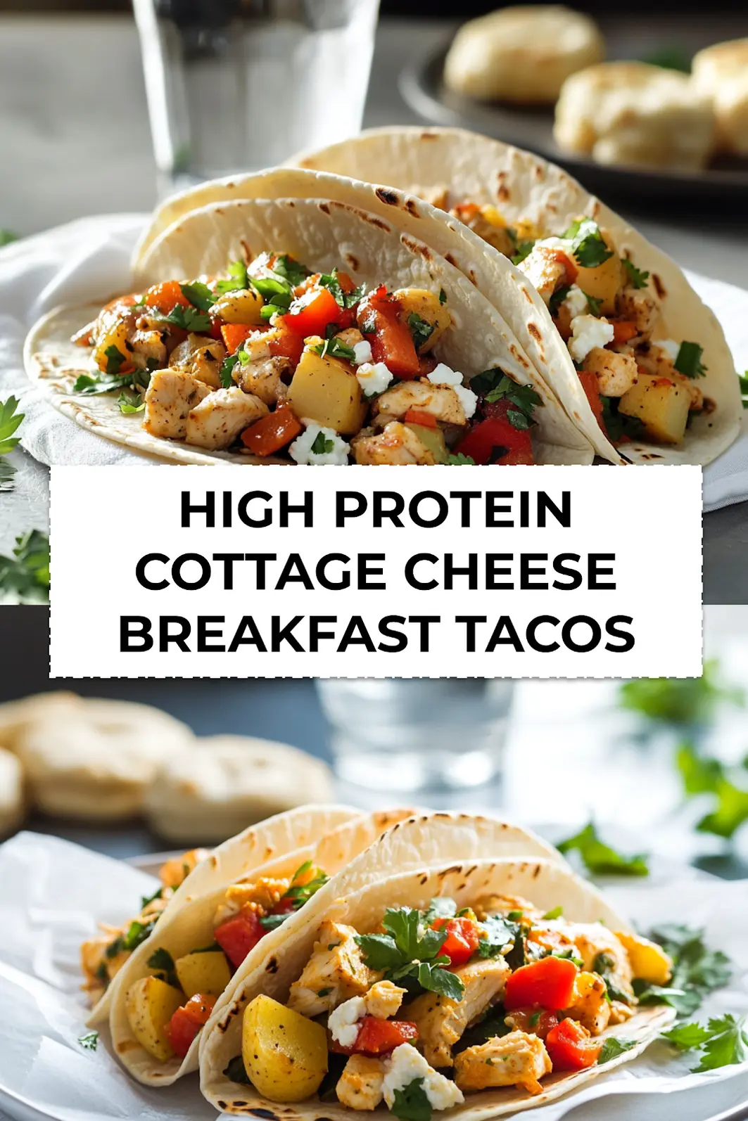 Plated high protein cottage cheese breakfast tacos with eggs, tortillas, turkey sausage and colorful bell peppers