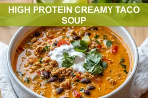 HIGH PROTEIN CREAMY TACO SOUP in bowl with herbs lime wedges and melted cheese