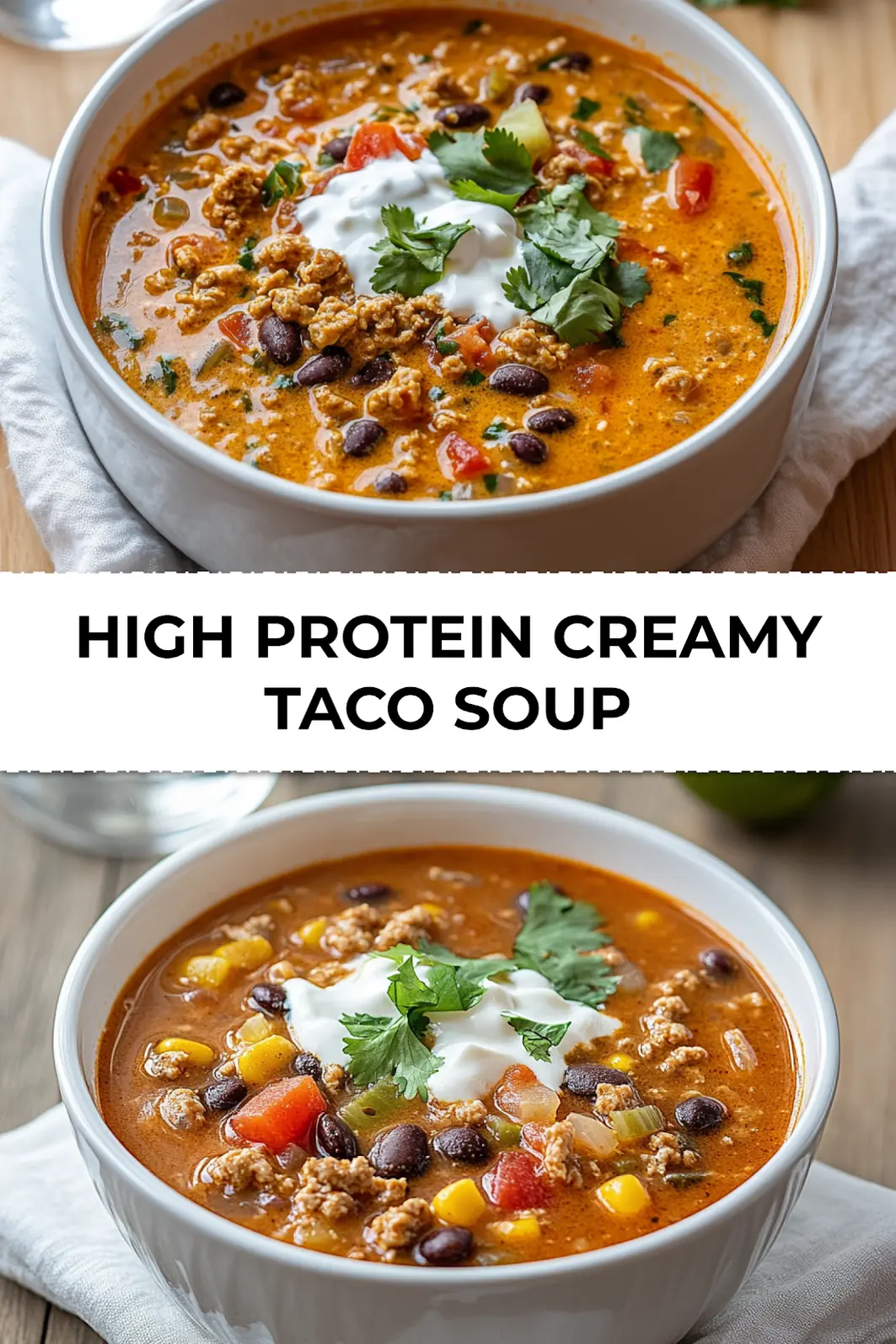 A steaming bowl of HIGH PROTEIN CREAMY TACO SOUP topped with herbs, lime wedges, cheese and avocado