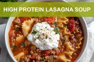 HIGH PROTEIN LASAGNA SOUP overhead bowl with reginetti, warm broth, pressed tomatoes, grated cheese