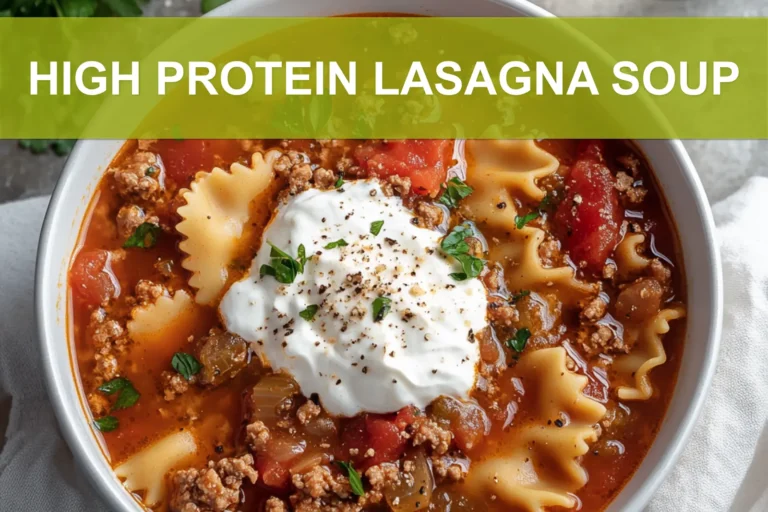 HIGH PROTEIN LASAGNA SOUP overhead bowl with reginetti, warm broth, pressed tomatoes, grated cheese