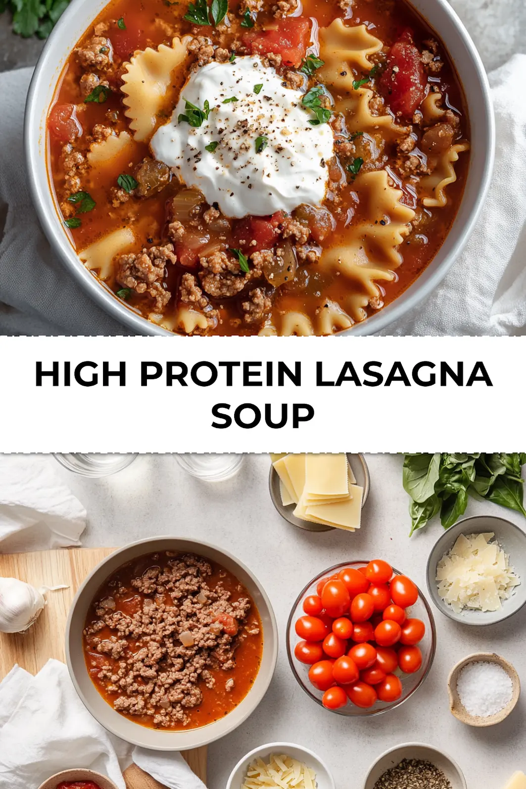 Final serving of high protein lasagna soup in a bowl with spoon, showing pasta, tomato broth, and melted cheese