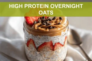 HIGH PROTEIN OVERNIGHT OATS creamy jar with strawberries banana peanut butter and chocolate chips