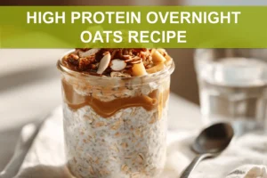 HIGH PROTEIN OVERNIGHT OATS RECIPE creamy jar with berries and coconut warm natural light