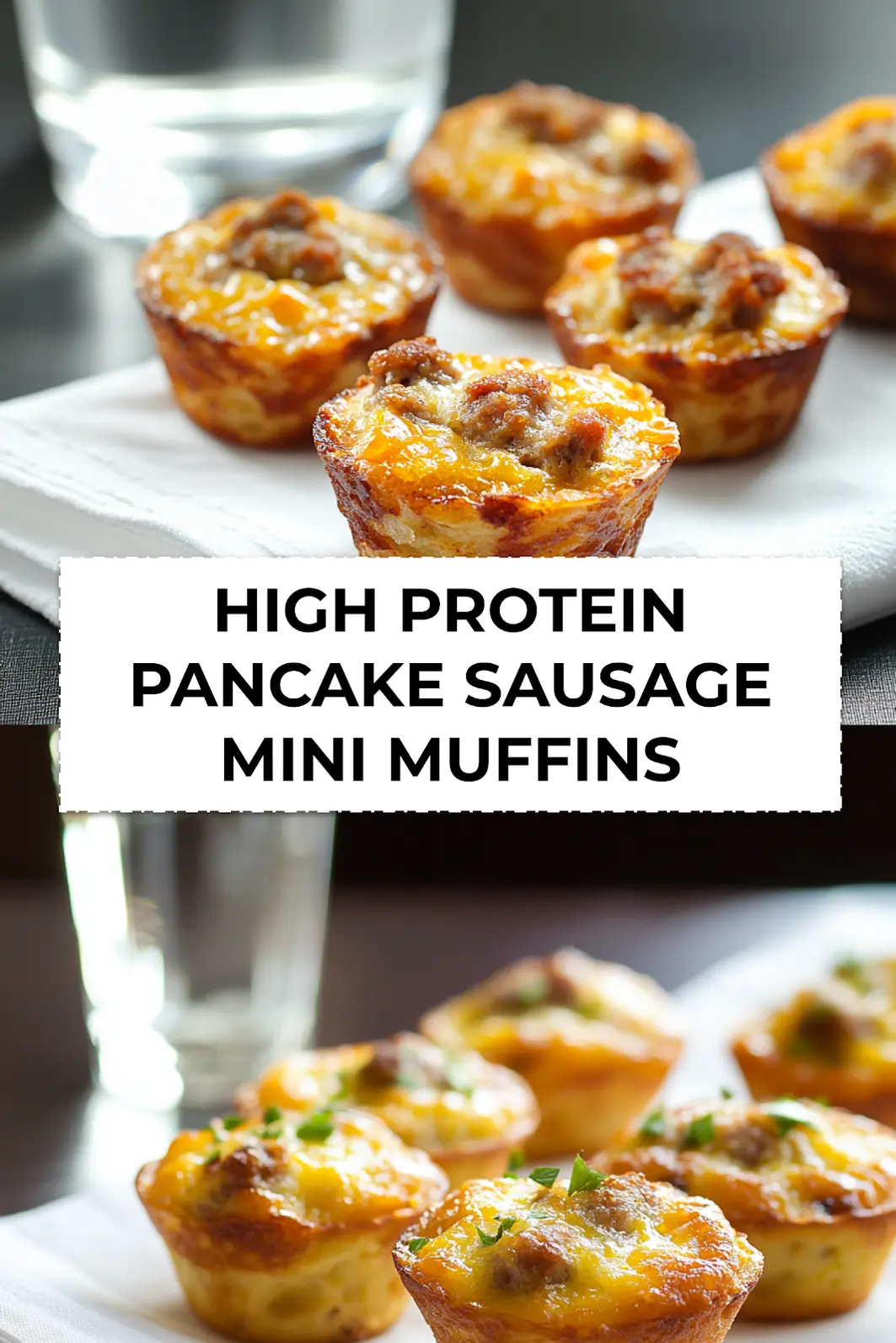 Plated high protein pancake sausage mini muffins on rustic tray ready for breakfast