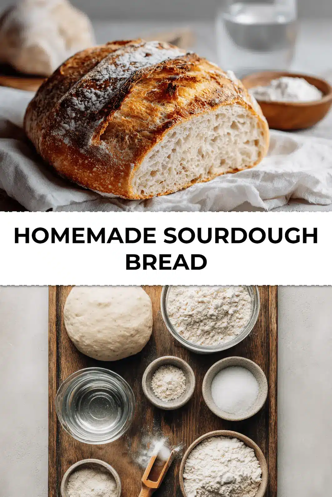 Golden crust homemade sourdough bread on towel with sourdough starter and water glass for Pinterest