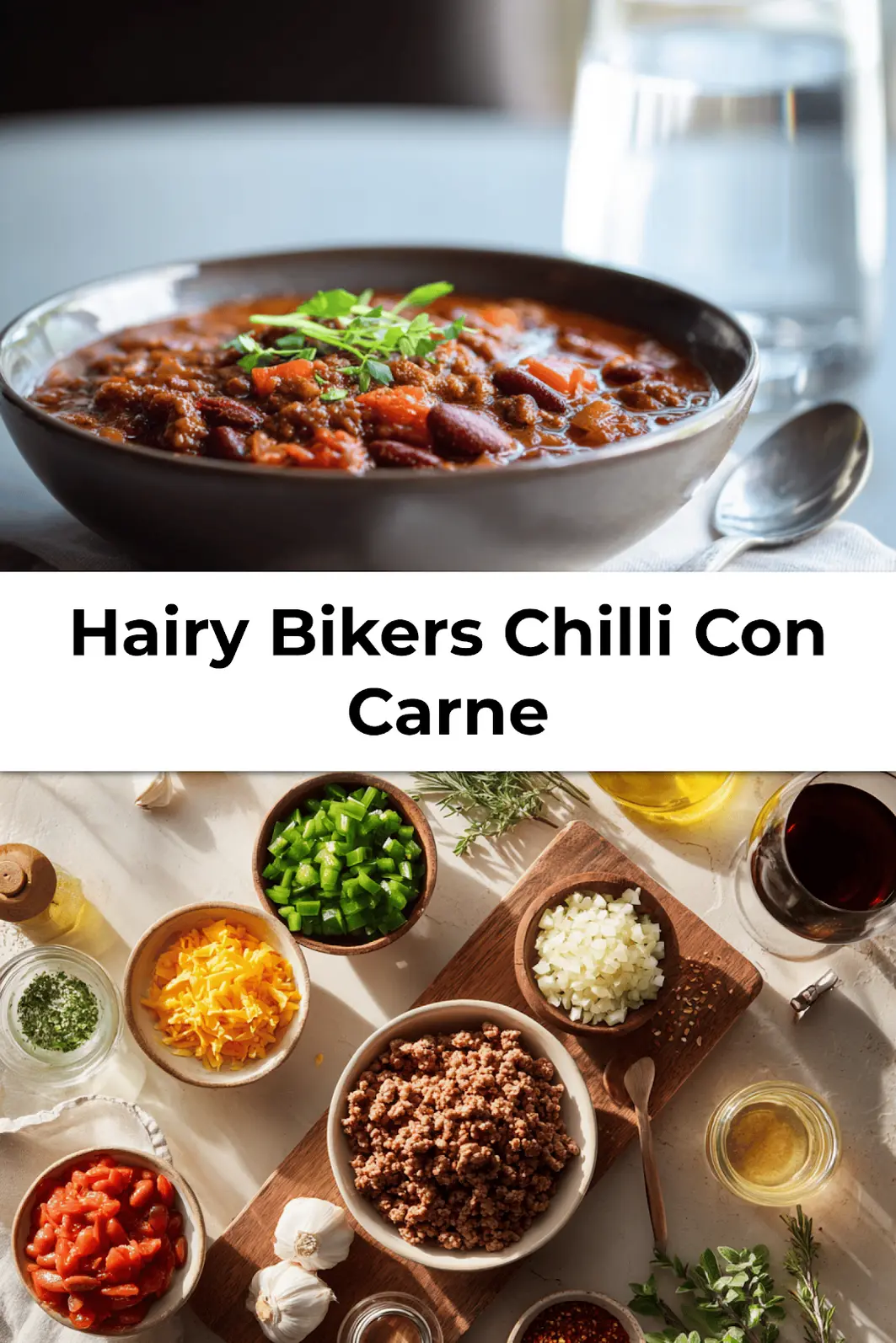 Close-up of Hairy Bikers Chilli Con Carne in a bowl with utensils and napkin for easy serving