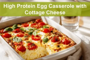 High Protein Egg Casserole with Cottage Cheese baked golden topped with cherry tomatoes and basil