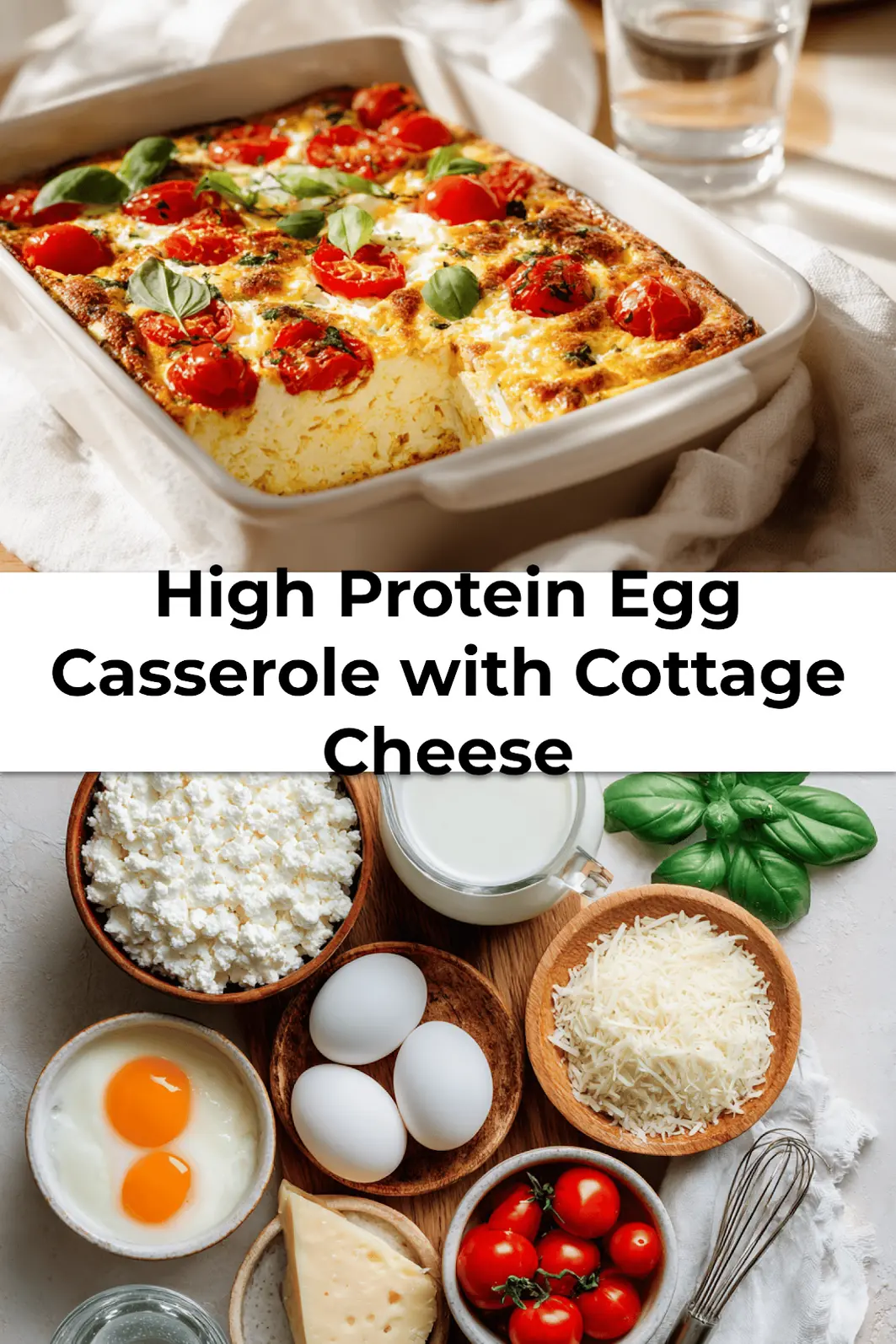 Golden baked high protein egg casserole with cottage cheese, cherry tomatoes, and fresh basil served in a ceramic dish