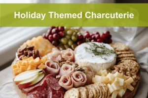 Holiday Themed Charcuterie board with salami prosciutto aged cheddar brie grapes apples and herbs