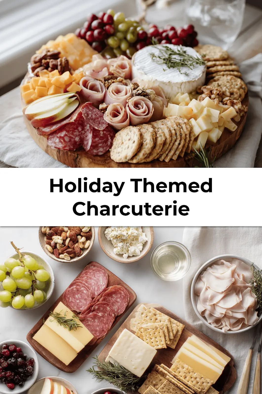 Completed Holiday Themed Charcuterie board arranged with meats, cheeses, and holiday fruits for Pinterest sharing