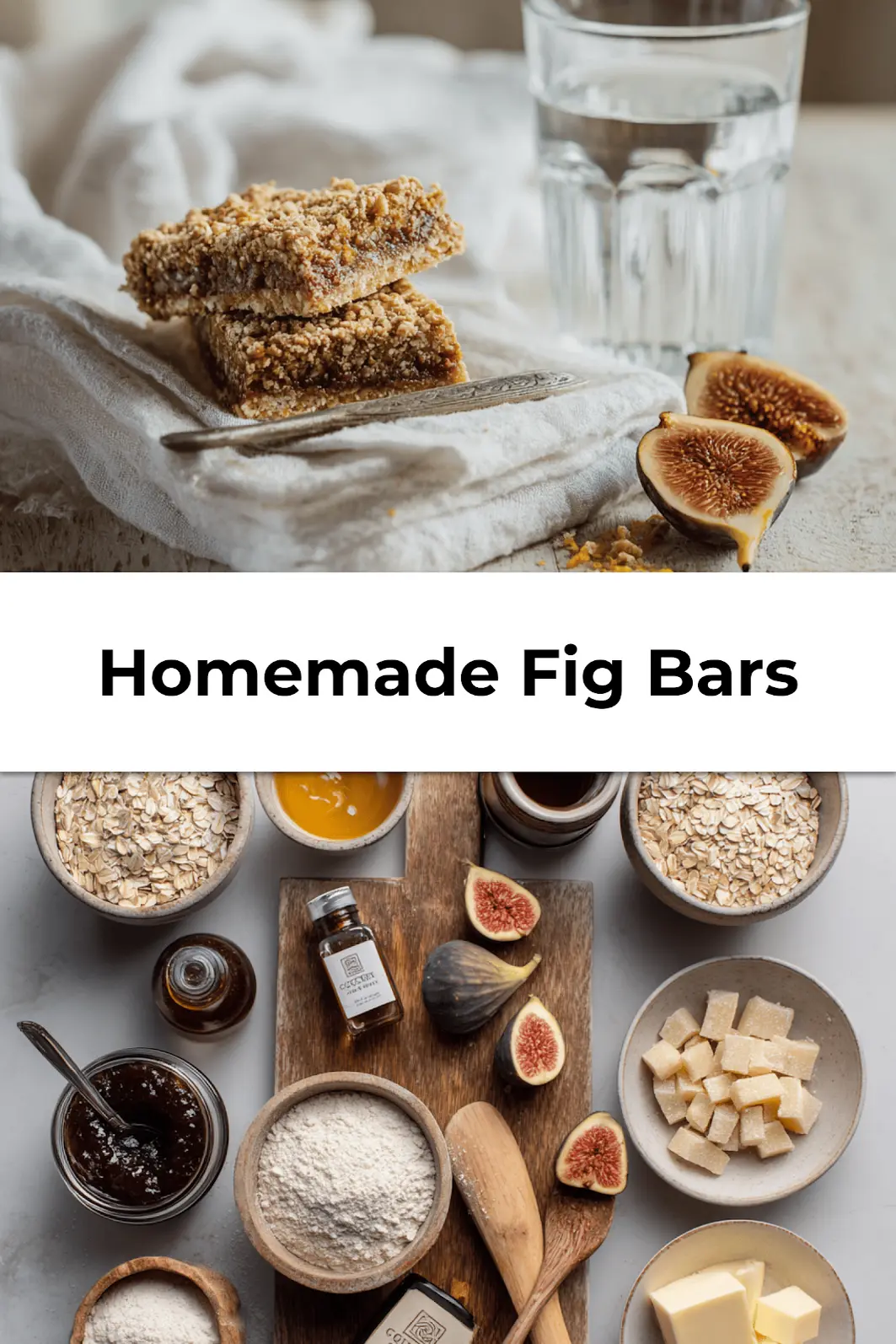 Homemade fig bars sliced with golden oat crust and fig filling on parchment, Pinterest-style kitchen closeup