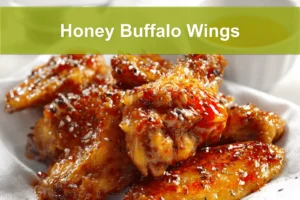 Honey Buffalo Wings on white cloth with clear water glass warm golden glaze and seasoning