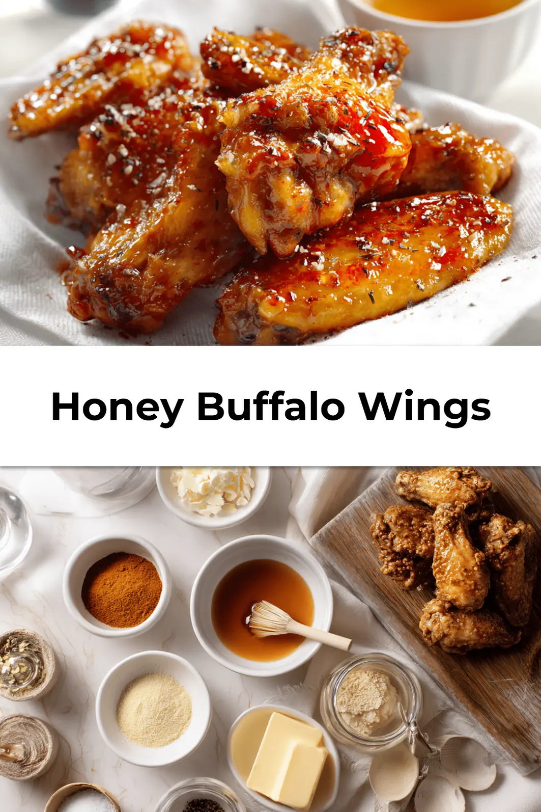 Honey Buffalo Wings: Easy and Irresistibly Delicious 3 Crispy Honey Buffalo Wings served with dipping sauce on parchment paper top view