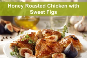 Honey Roasted Chicken with Sweet Figs plated on white cloth napkin with figs and honey jar
