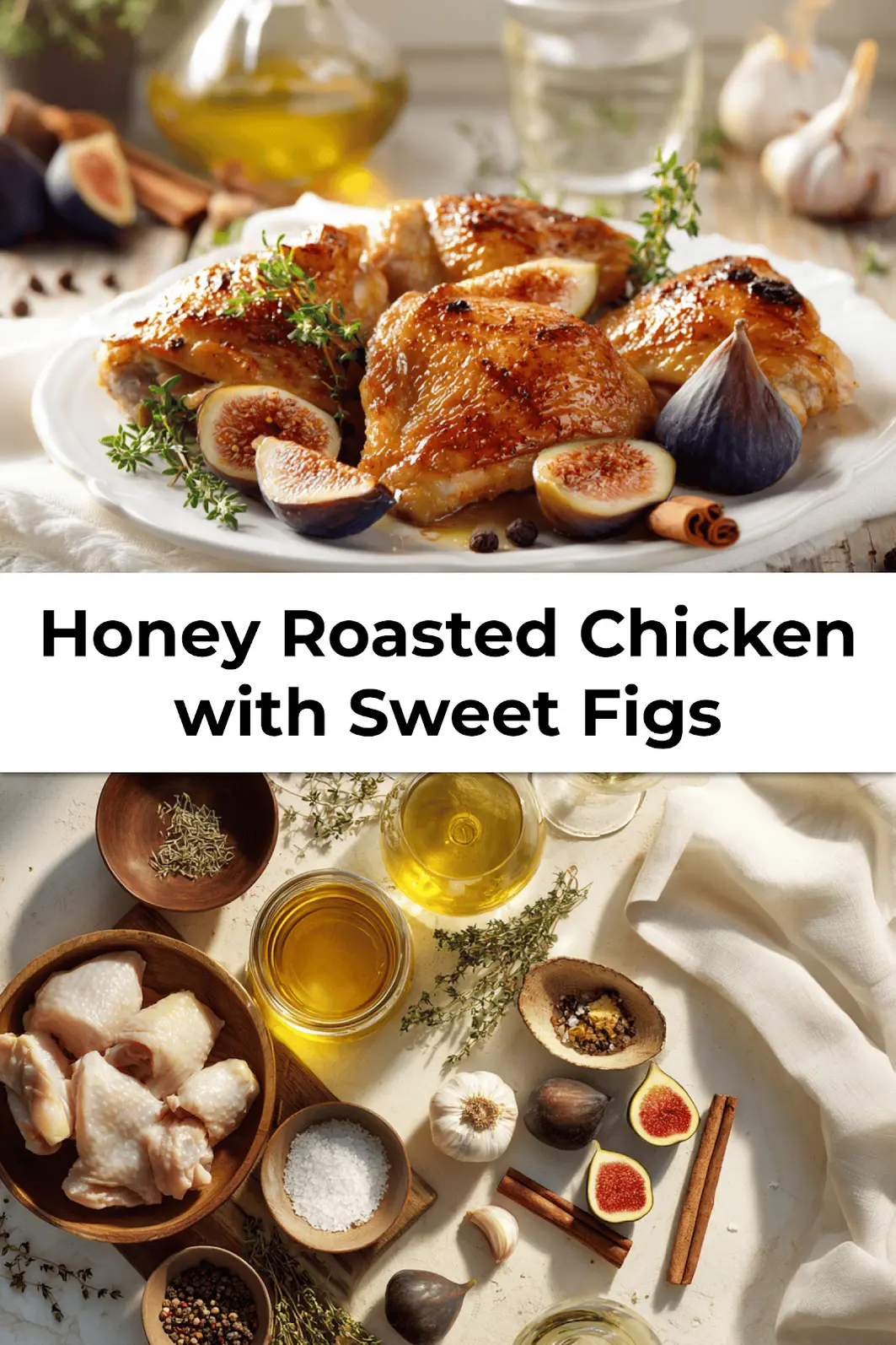 Pinterest-optimized image of honey roasted chicken with sweet figs and honey jar on a white linen