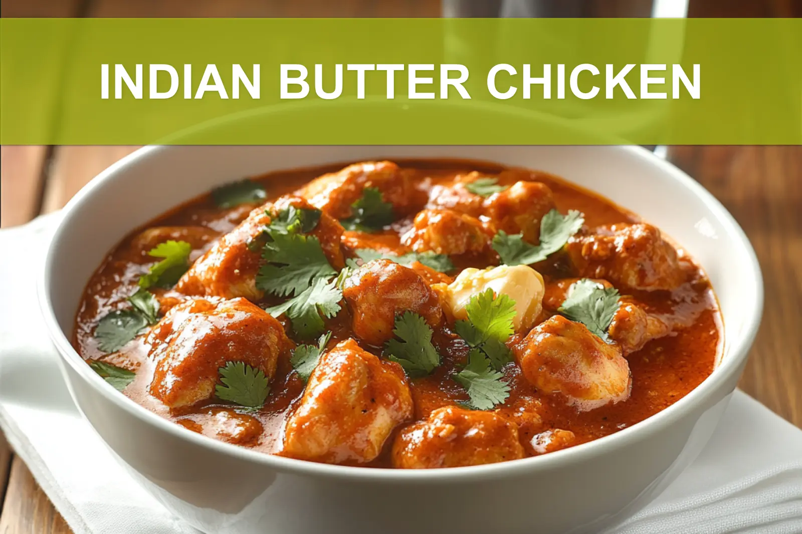 INDIAN BUTTER CHICKEN bowl on white napkin with warm sauce and glass of water