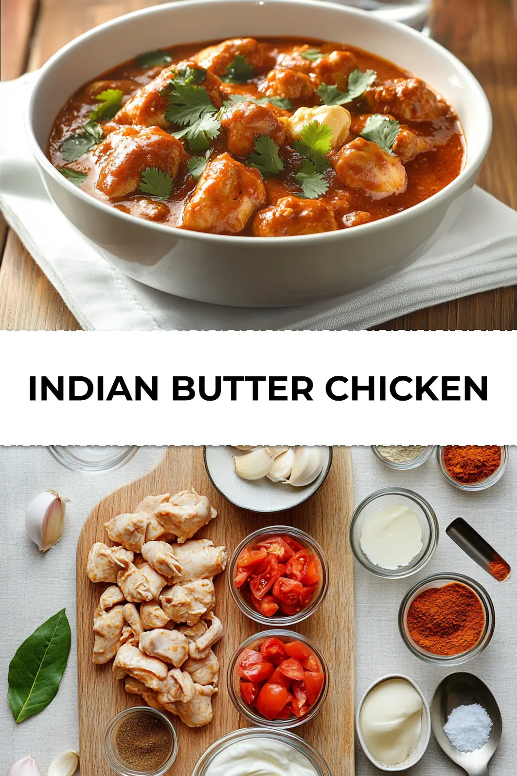Bowl of Indian Butter Chicken served with rice and naan on white napkin with glass of water and turmeric-colored sauce