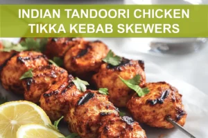 INDIAN TANDOORI CHICKEN TIKKA KEBAB SKEWERS on skewers with lemon halves and fresh herbs