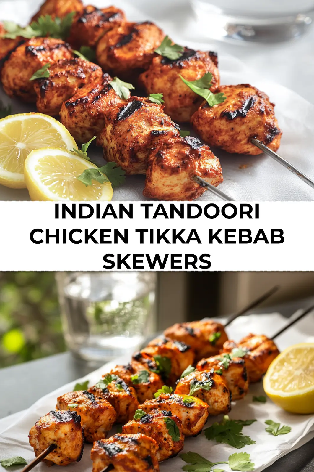 Cooked Indian Tandoori Chicken Tikka Kebab Skewers served on skewers with lemon wedges and fresh herbs for garnish
